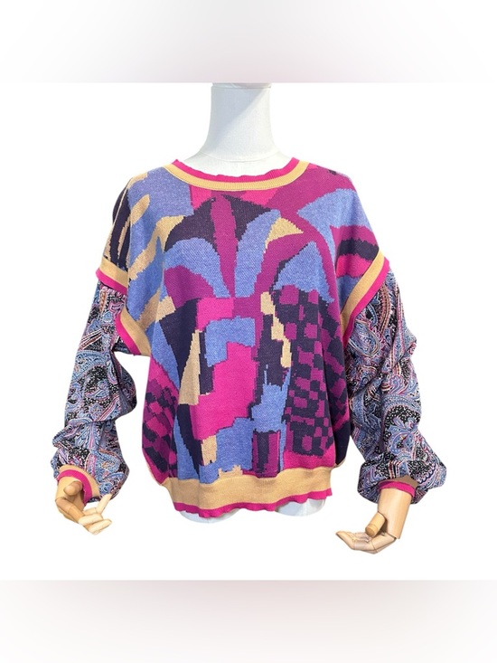 Golden by Goldie Boutique Pink Woven Contrast Print Balloon Sleeve Sweater Small - Picture 2 of 8